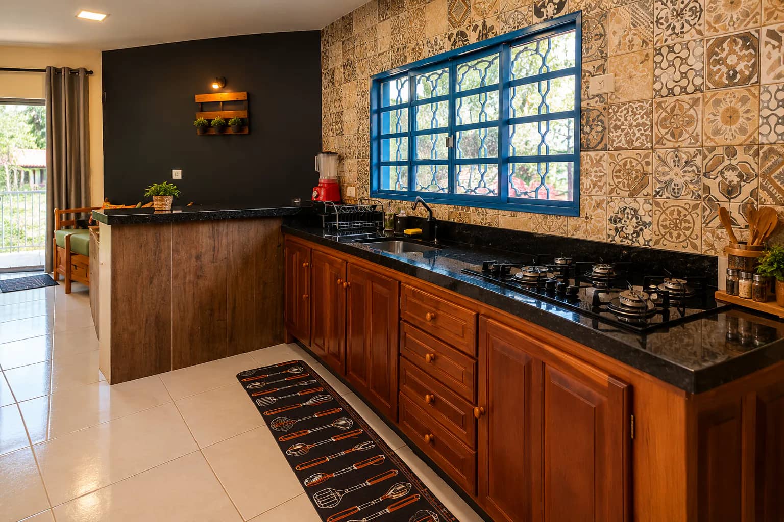 Cozinha completa do chalé, com bancada de granito, fogão cooktop, armários de madeira e azulejos decorados