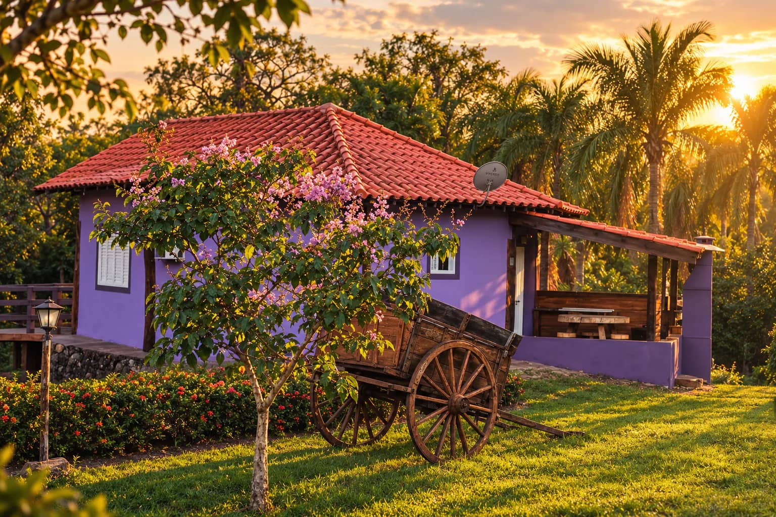 Chalé lilás com telhado de cerâmica, carro de boi antigo e jardim ao pôr do sol